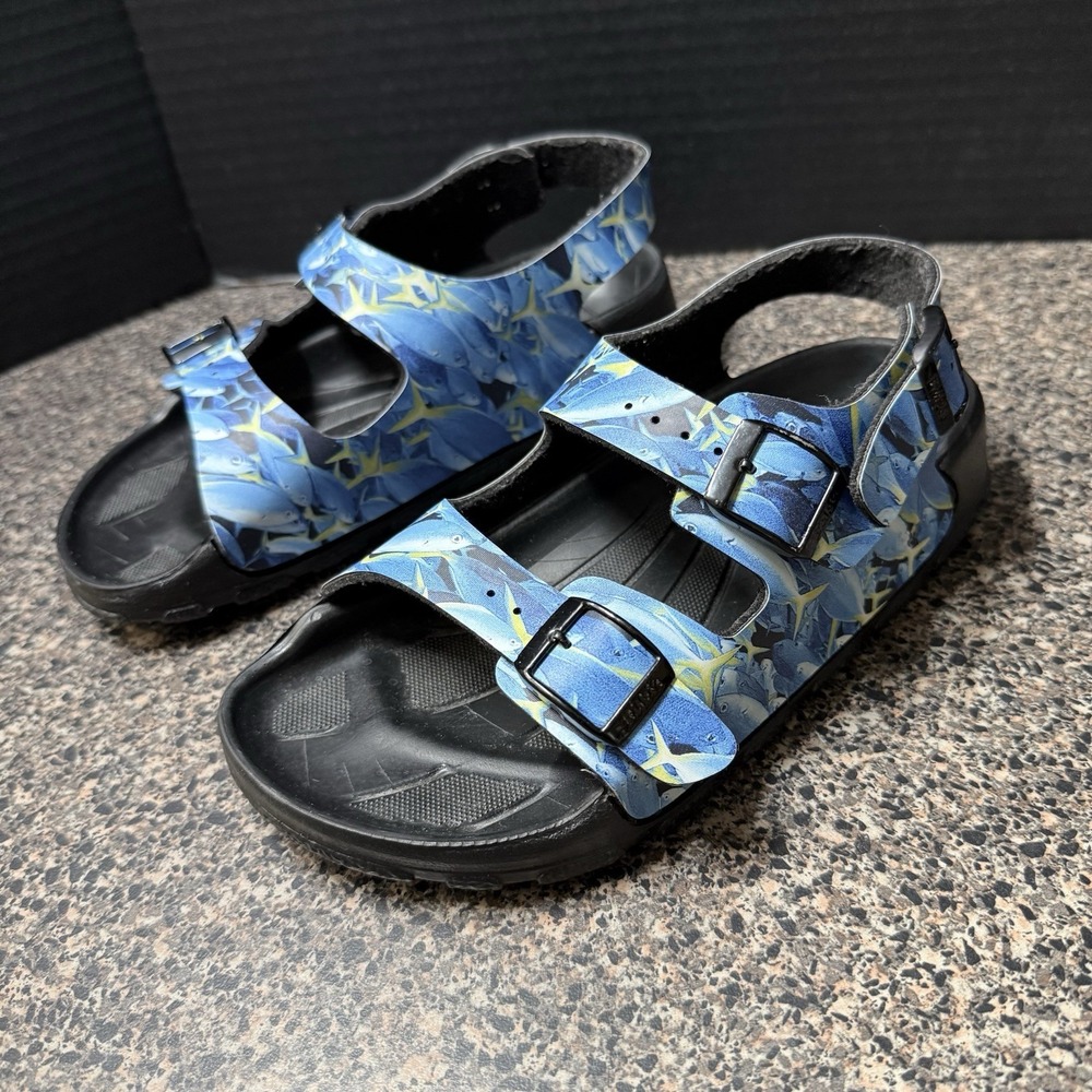 Birki's Birkenstock Sandals 34 Blue Fish Print EVA Double Strap Haiti Kids 3-3.5